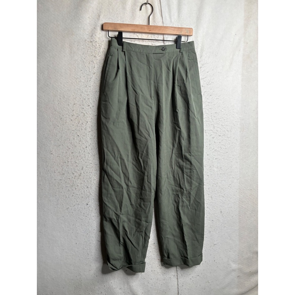 Austin Reed Vintage Wool Pleated Trousers Olive Green Cuffed Tapered Pants Sz 8